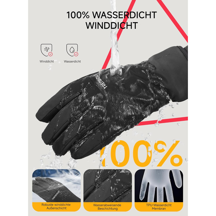 Терморукавички Trendoux для чоловіків та жінок: теплі, водонепроникні, вітронепроникні рукавички для велосипеда, катання на лижах, бігу з підтримкою сенсорного екрану та м'яким флісовим підкладкою, чорні