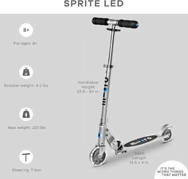 Дитячий самокат micro Sprite LED, складаний, з регульованим кермом, світлодіодні колеса, від 5 років, у 6 кольорах