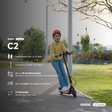 Дитячий електросамокат Segway-Ninebot C2 E, для дітей 6-12 років, до 16 км/год, 7-дюймові колеса, LED-підсвітка, складаний, чорний