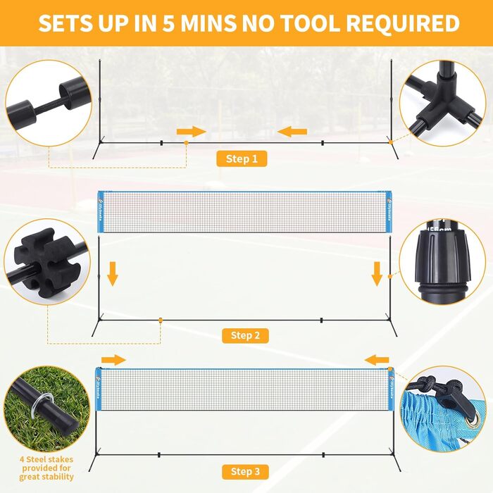 Набір для бадмінтону та піклболу портативний 10 футів з регульованою висотою, 2 ракетки для бадмінтону та 2 піклболу