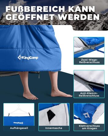 Сплячий мішок KingCamp для двох осіб, зимовий, для кемпінгу, блакитний. Зручний та теплий спальник для відпочинку на природі.