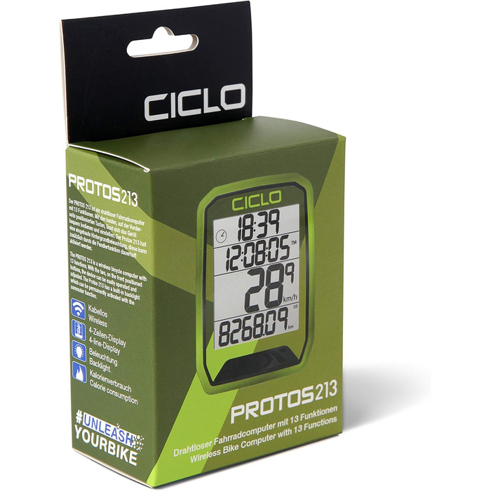 Бездротовий велокомп'ютер CICLO PROTOS 213, 13 функцій, зелений