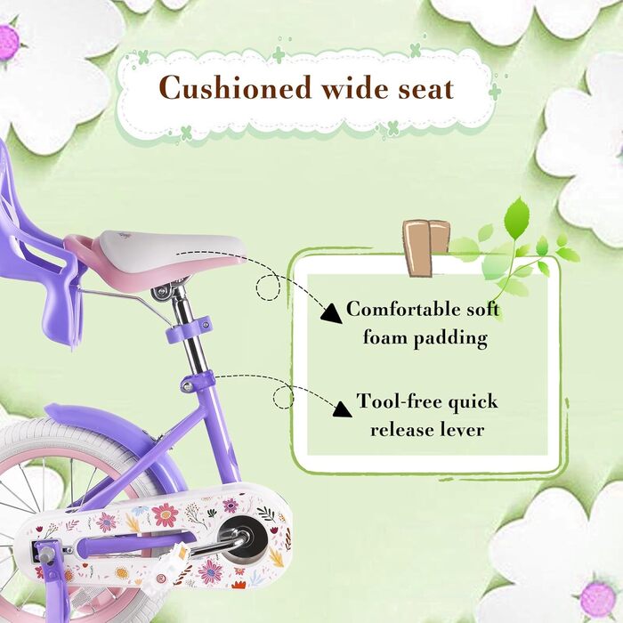 Дитяче велосипед RULLY Daisy для дівчаток 2-7 років, 12/14/16 дюймів, з сидінням для ляльки, ґуртками та кошиком, фіолетовий