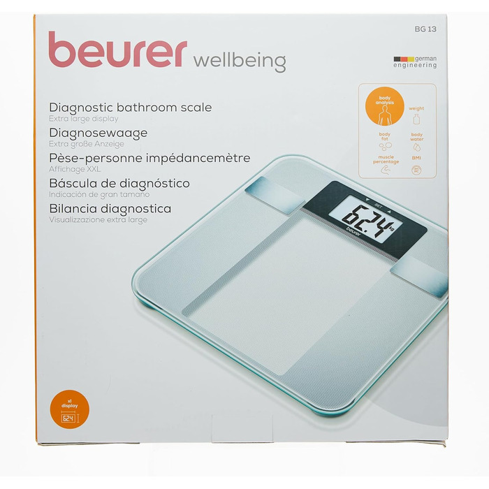 Діагностичні ваги Beurer BG 13 зі скла з великою LCD-індикацією, вимірюють вагу, жир, воду, м'язову масу та ІМТ