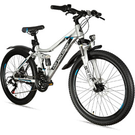 Дитячий гірський велосипед Bergsteiger Broome 24/26 дюймів, Shimano 21 швидкість, дискові гальма, динамо-освітлення, повна амортизація, для хлопців і дівчат від 8 до 13 років, сріблястий
