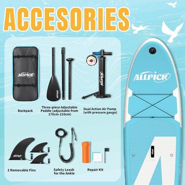 Надувна SUP-дошка ALLPICK Premium з повним комплектом, універсальним кріпленням для камери, регульованим веслом, для початківців і досвідчених, вантажопідйомність 180 кг
