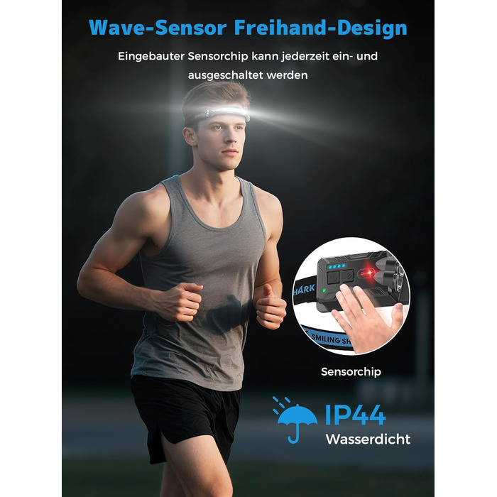 Налобний ліхтар Smiling Shark 2400mAh з 315° поворотом, 2 світлодіоди, сенсор руху, мультимодний, для кемпінгу та туризму