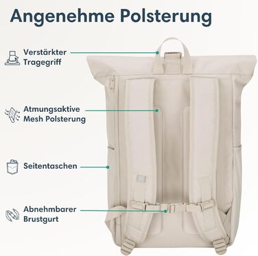 Рюкзак LARKSON Rolltop для жінок, великий, бежевий, антивикрадний, водовідштовхувальний, для школи, університету, велосипеда, 16'' ноутбук, екологічний