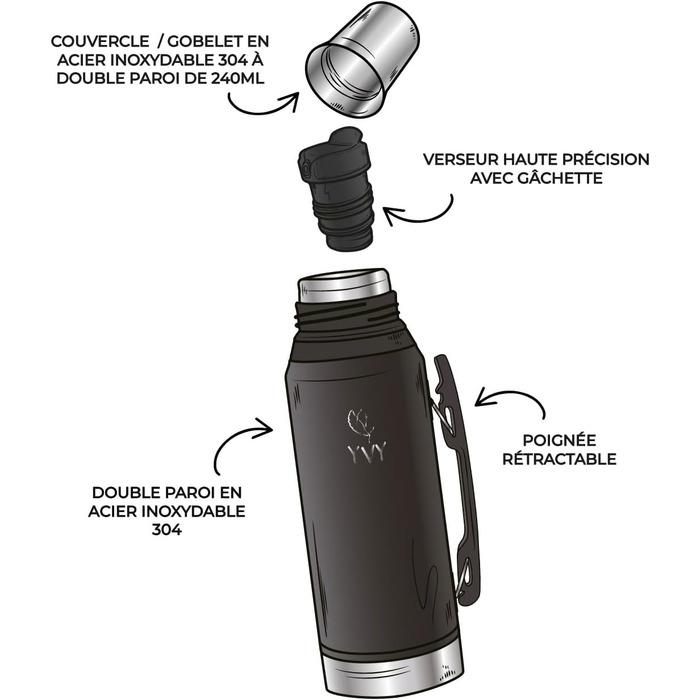Термос YVY Mate Tempera 1 л з нержавіючої сталі, BPA-free, з калабасою 240 мл, тримає тепло 24 год і холод 30 год, з точним носиком, 5 років гарантії