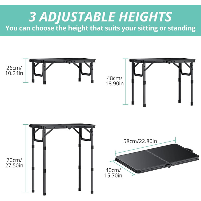 VINTEAM Стіл для пікніка та кемпінгу, регульована висота, складаний, 58x40 см