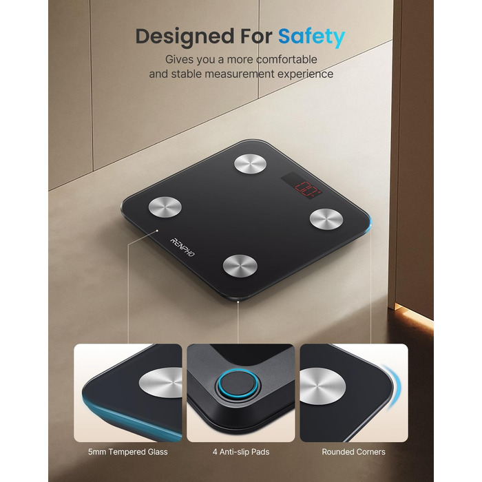 Ваги RENPHO: цифрові ваги для тіла з Bluetooth, аналіз складу тіла (жир, м'язи, BMI, вода), максимальне навантаження 180 кг, чорний