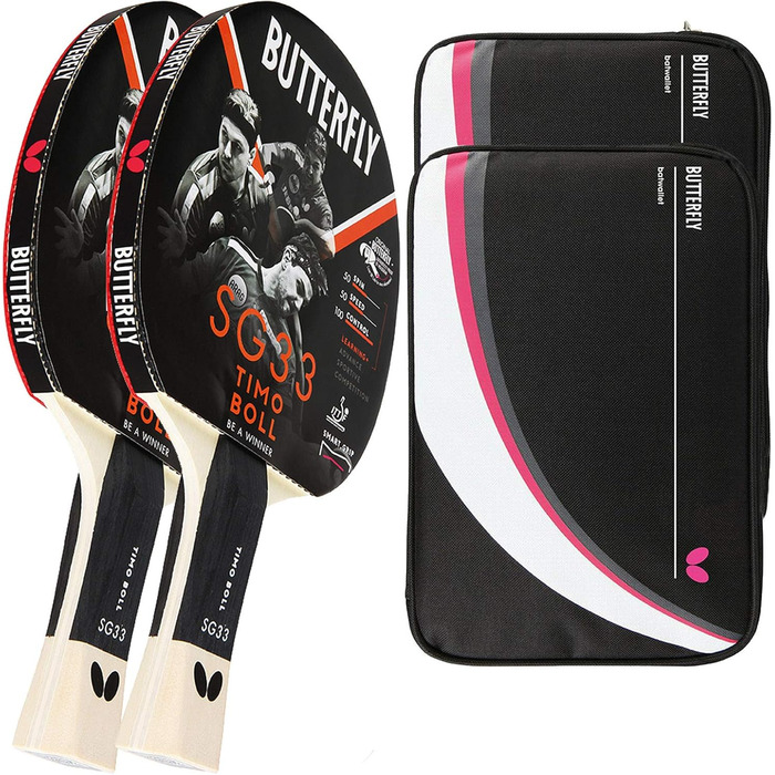 Настільний тенісний набір Butterfly Timo Boll SG33: ракетка для хобі та амбітних гравців, ITTF-сертифіковане покриття Addoy, ергономічна ручка Smart.Grip, 2 чохли DC2, додаткова ракетка