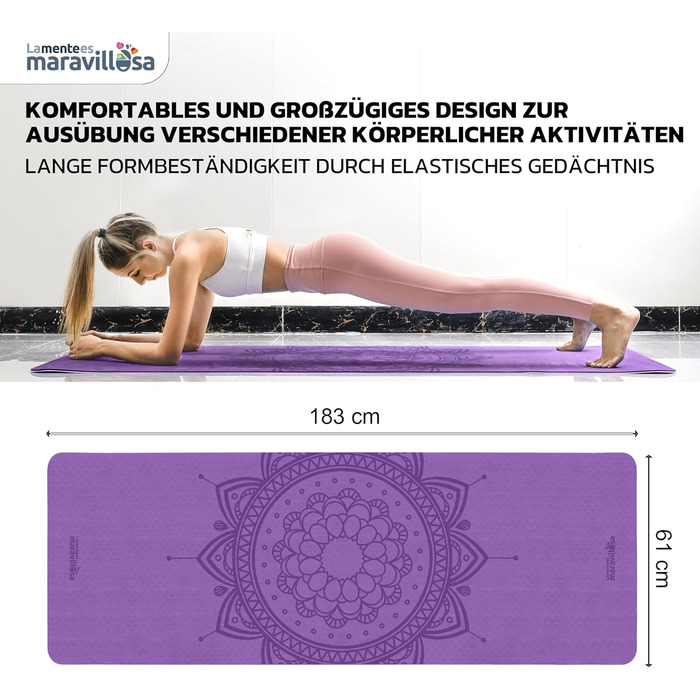 Килимок для гімнастики та йоги LA MENTE ES MARAVILLOSA з TPE, 183x61 см. Зручний для фітнесу, пілатесу, з сумкою та інструкцією. Захищає суглоби, для занять в приміщенні та на вулиці. Мандала, ліловий + рожевий