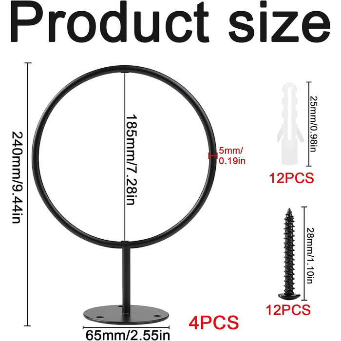 Настінна підставка для м'ячів - 4 шт. - Метал, чорний - для баскетболу, волейболу, футболу, регбі