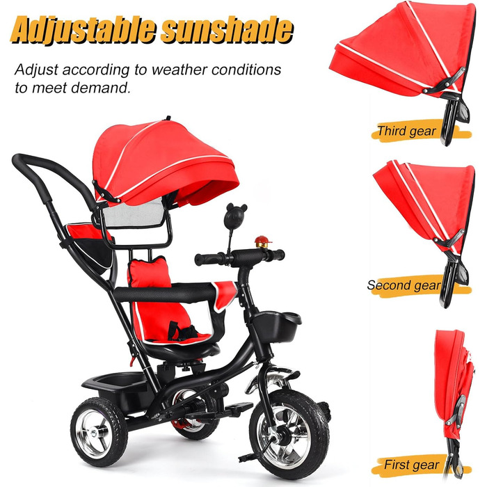 Триколісний велосипед 4 в 1 для дітей від 1 року з батьківською ручкою – дитячий триколіс для 1-4 роки до 25 кг, регульована батьківська ручка, поворотне сидіння, складаний козирок та кошик – компактний та безпечний (Червоний)
