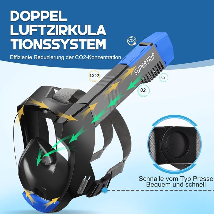Сноркельна маска Supertrip для дорослих L-XL, повнолицева, чорна-синя, безпечна для CO2, сумісна зі спортивними камерами