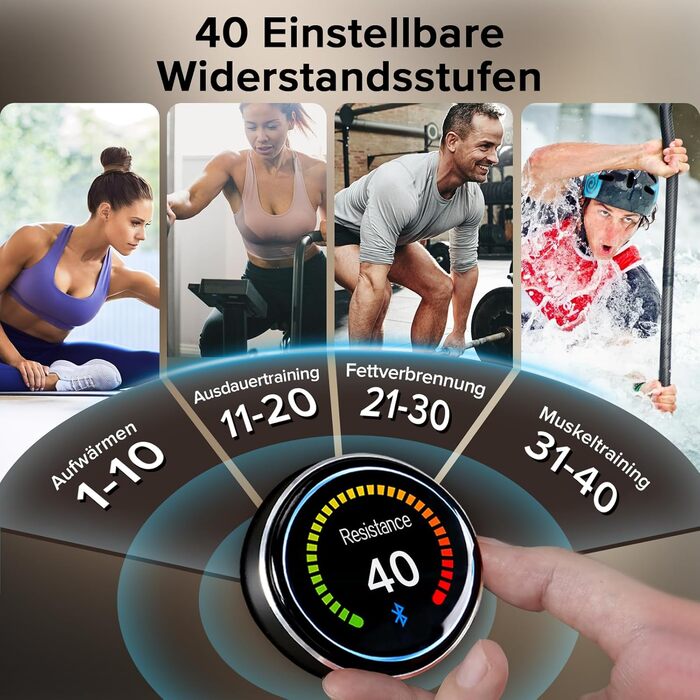 MOBI FITNESS: Горизонтальний тренажер для дому з магнітним опором, 40 рівнів, максимальне навантаження 160 кг, LED-дисплей (сумісний з Apple Watch)