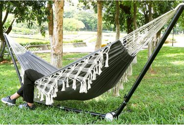 Гамак Anyoo Outdoor з бамбуковими кистями та ременями для дерева, вантажопідйомність 200 кг, зручний та дихаючий бавовняний гамак з сумкою для перенесення, підходить для тераси, балкону, двору, саду, темно-сірий