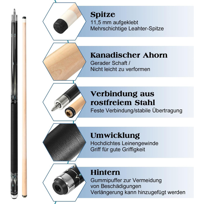 Більярдний кий Pool Queue, 58 дюймів, канадський клен, професійний, синьо-білий