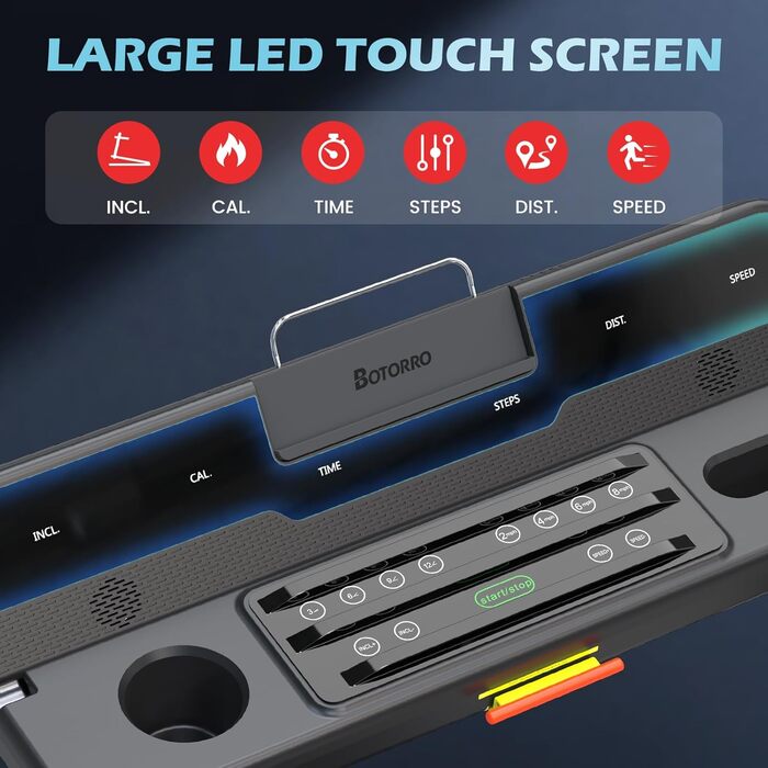 Бігова доріжка BOTORRO для дому, складана, з широкою амортизацією, Bluetooth, LED-дисплей, автоматичний нахил до 18%, вага до 136 кг