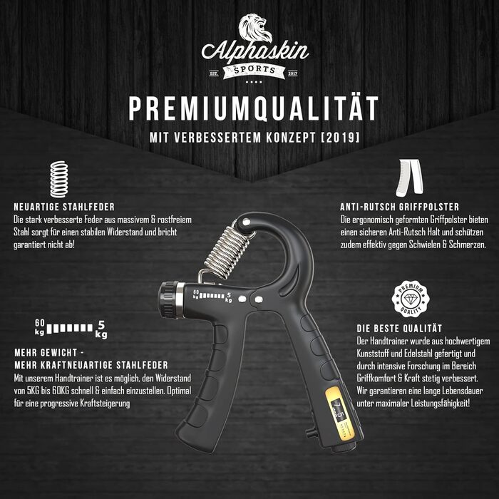 ALPHASKIN Handtrainer Преміум: Набір для тренування сили рук та пальців (2/5 шт.) | Grip Trainer, Підтримка зап'ястя, Фітнес