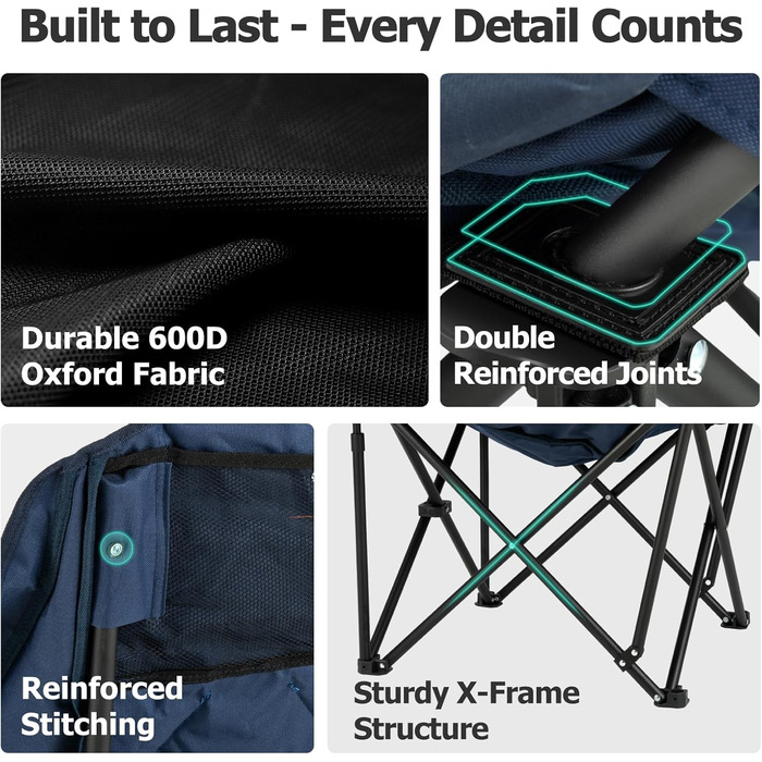 Обідній стілець для кемпінгу OVERMONT з підігрівом XL, розкладний, для відпочинку на природі, риболовлі, блакитний