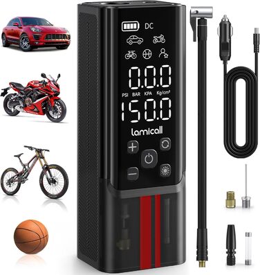 Електричний компресор Lamicall 150PSI, акумулятор 7500mAh, портативний насос для авто, велосипеда, мотоцикла з цифровим манометром і Powerbank