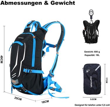 Велосипедний рюкзак Toptrek 18L, ультралегкий, водонепроникний, з чохлом від дощу та кріпленням для шолома, гідраційний, для чоловіків, синій, для MTB та спорту