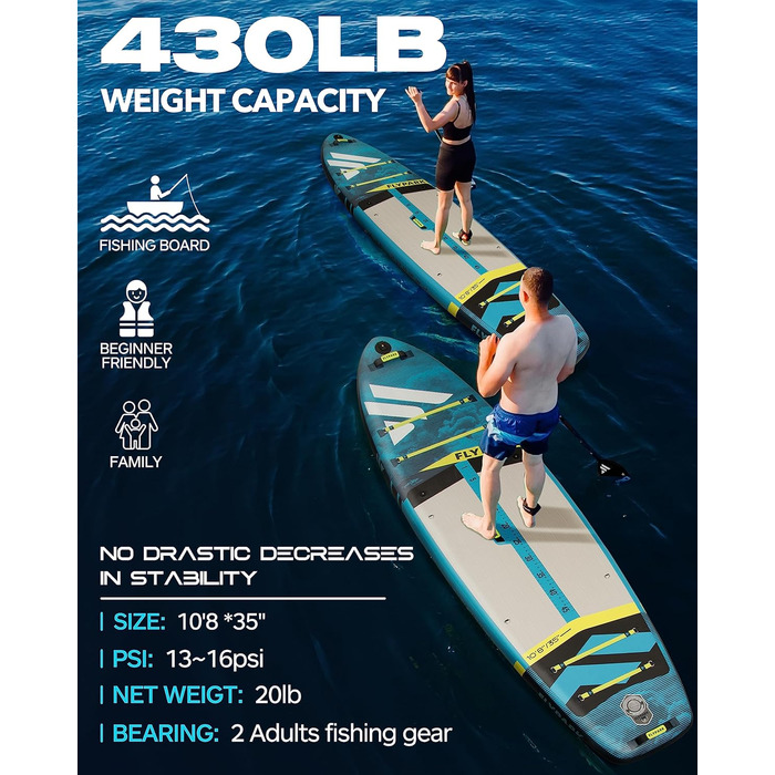 Надувна SUP-дошка Flypark Fishing&Family 3,5 м, 195 кг, з камеротримачем і ременем, екстра широка, для риболовлі та сімейного відпочинку