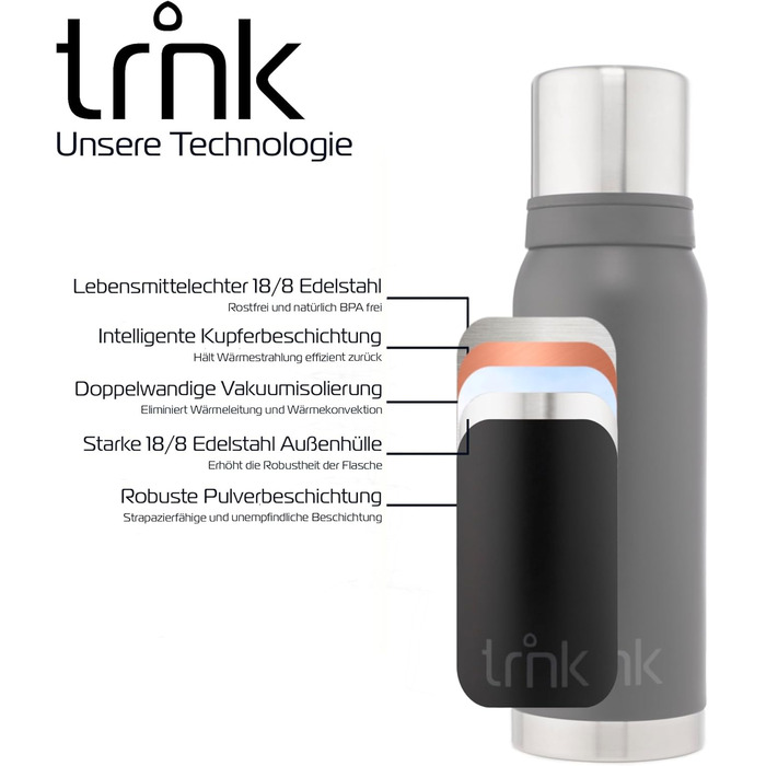 Термос TRNK Arktis 2 з нержавіючої сталі, 1200 мл, BPA-free, тримає тепло 32 години, 2 чашки, можна мити в посудомийній машині, нічний чорний матовий