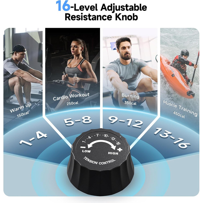 YPOO Гребний тренажер, магнітний тренажер для дому, 16 рівнів тихих налаштувань опору, подвійний направляючий рейк, максимальне навантаження 158.8 кг, сумісний з додатком