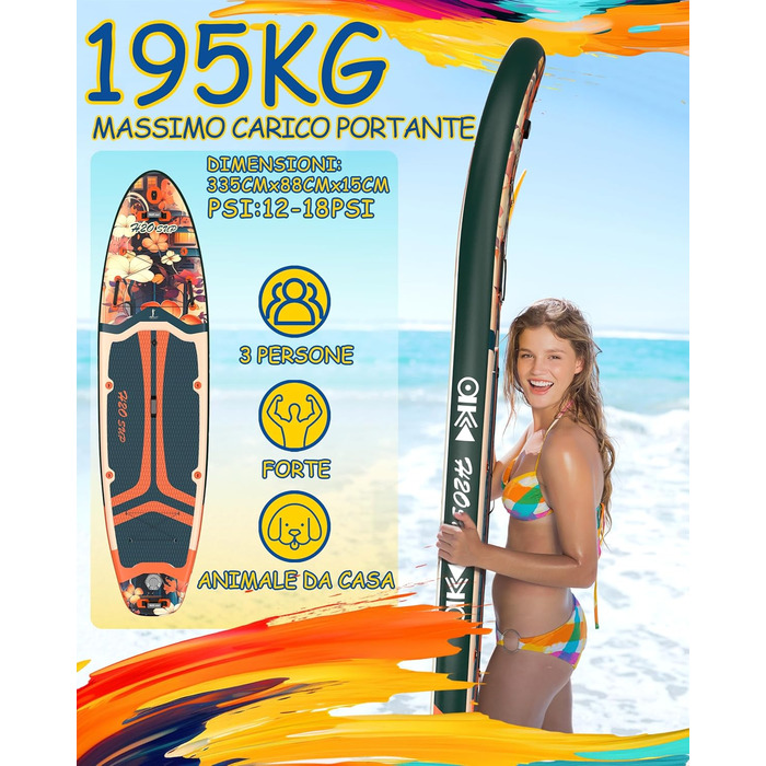 Надувний SUP-борд H2OSUP Stand Up Paddling Board - широка дошка для паділбордингу з преміум аксесуарами, стабільний надувний SUP для будь-якого рівня (зелений)