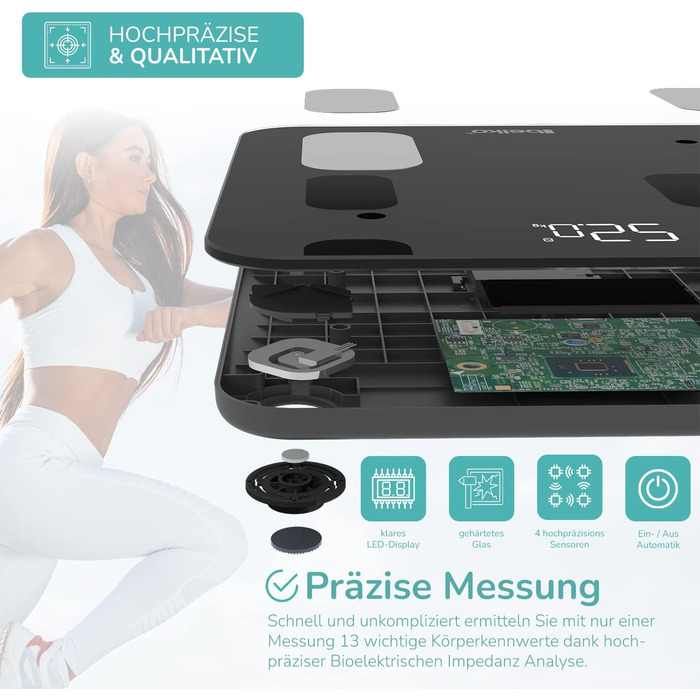 Вага Belko для вимірювання жиру в тілі Smart з Bluetooth® та додатком для вимірювання жиру, ІМТ, ваги, м'язової маси, води, білка, BMR та іншого, чорна