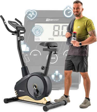 Велотренажер Hop-Sport Spark для дому, 9 кг маховик, 8 рівнів навантаження, пульсометри, комп'ютер, до 120 кг, золото
