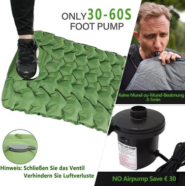 TENQUAN Килимок для кемпінгу самонадувний, 9см, для сну, відпочинку, подорожей, з насосом, для авто, намету, трекінгу, пляжу (Pfauen/Grau) (Grün)