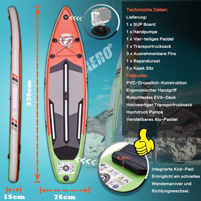 Надувна SUP-дошка 330x76x15 см, до 150 кг, з сидінням для каяка та кріпленням для камери, комплект аксесуарів (весло, насос, рюкзак), багатокольорова