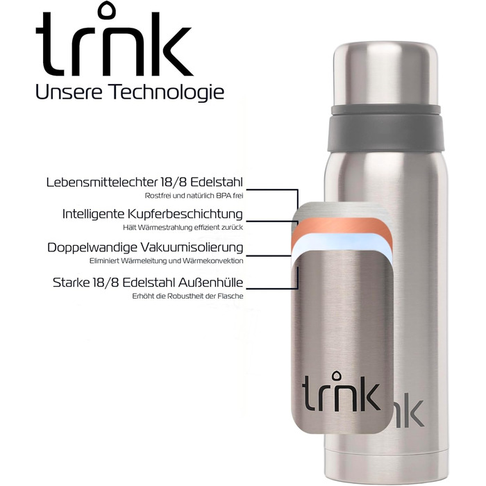 Термос trnk Outdoor Polar 2 з нержавіючої сталі 750 мл, BPA-free, 24 години збереження тепла, 2 чашки-кришки, для подорожей, сріблястий