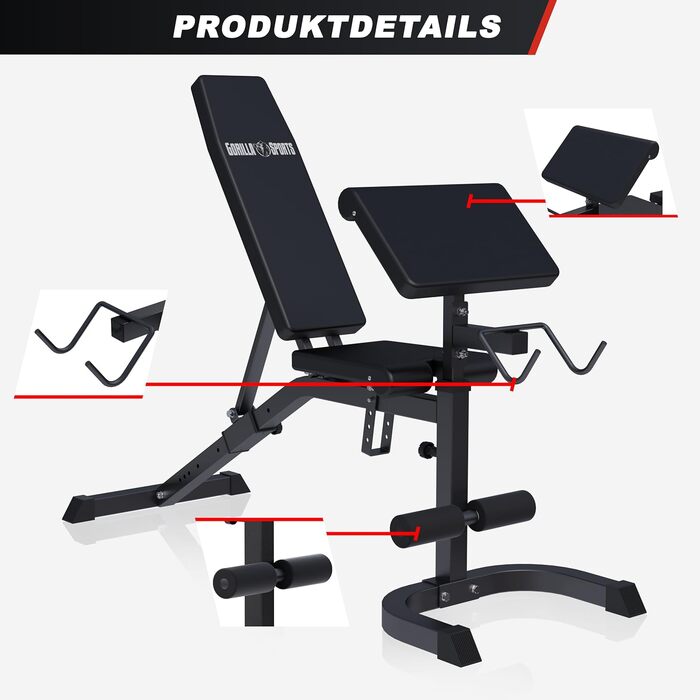 Лава для жиму Gorilla Sports® з регулюванням, до 250 кг - багатофункціональна лава для силових тренувань, прес, біцепс, чорна