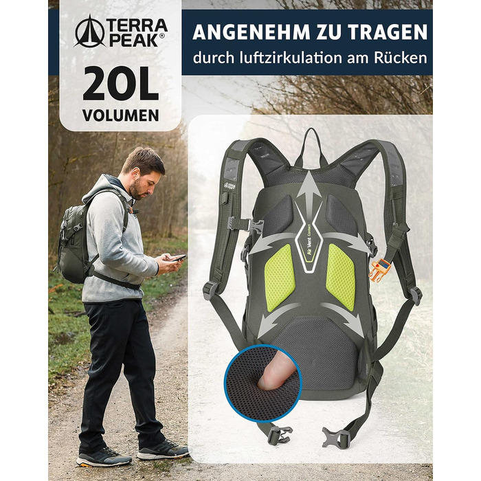 Туристичний рюкзак 20 л Wanderrucksack Active 20 Premium, з вентильованою спинкою, дощовиком та кріпленням для питної системи, з дихаючої сітки 3D Air Mesh, з поясним ременем, оливковий