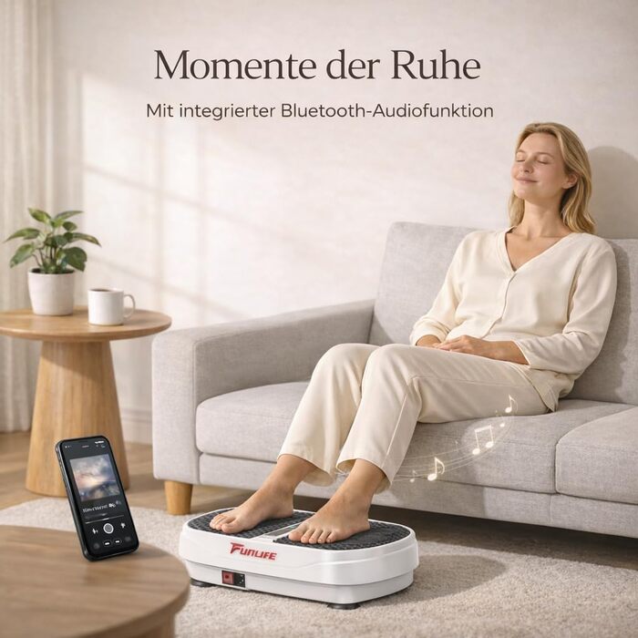 Віброплатформа Funlife 120кг, 180 рівнів, 5 програм, Bluetooth, динаміки + троси для тренувань - для всього тіла, біла