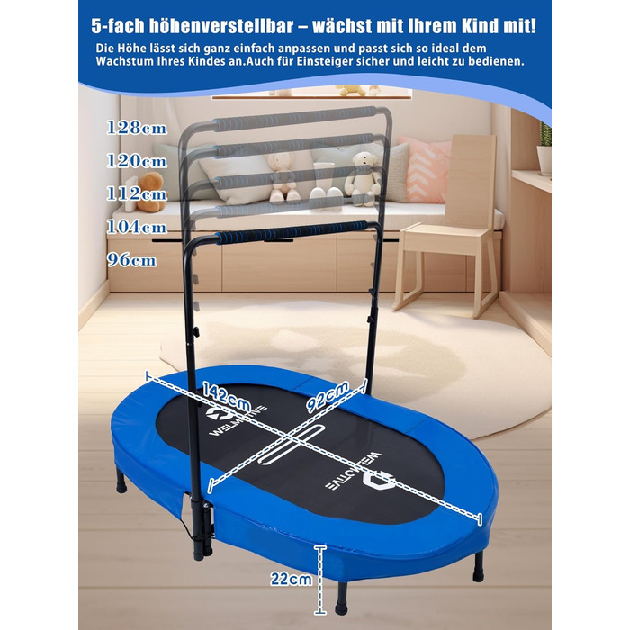 Батут овальний для дому 2 осіб до 150 кг синій з ручкою - фітнес, для дітей та дорослих