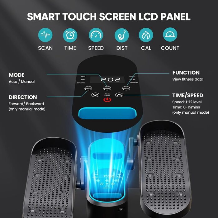 Електричний міні кросс-тренажер Dripex для дому з пультом, 12 швидкостей та 6 програмами, синій