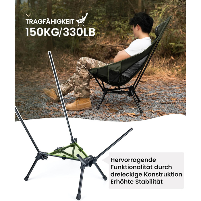 Стілець для кемпінгу OneTigris TIGERBLADE, висока спинка, 170 кг, складний, легкий, трикутник, риболовний, з кишенями, для відпочинку на природі, походів (Ranger Green)