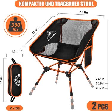 Складний туристичний стілець IEEILULU, 130 кг, портативний, ультралегкий для пікніка, риболовлі, відпочинку на природі та подорожей (Помаранчевий)