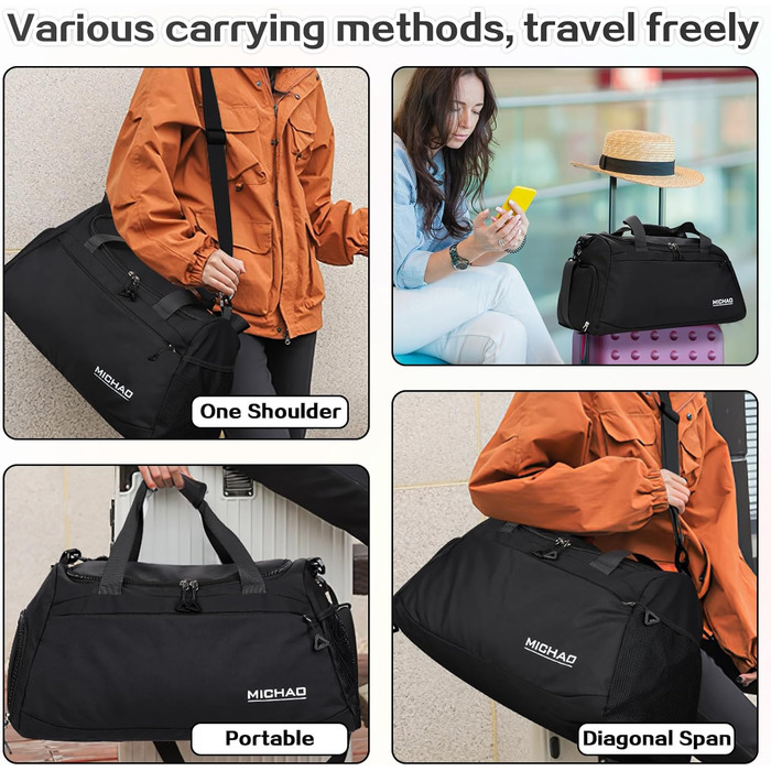 Спортивна сумка для подорожей та спорту, велика (48x23x27 см), з відділенням для взуття та мокрих речей, водонепроникна, для жінок та чоловіків, (ретро-чорний)