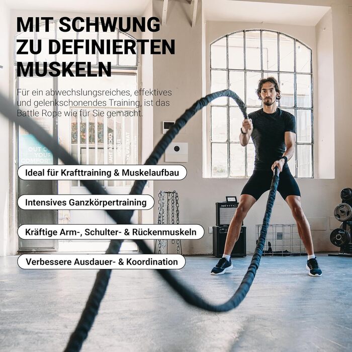 Тренажер Battle Rope MSports Professional Studio Qualität 15 м, 5 см | Серальній тренажер для фітнесу, штанговий тренажер, чорний/червоний