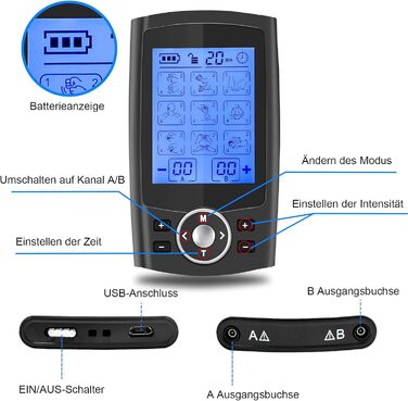 Апарат для терапії болю TENS EMS, електроспур з 36 програм, 12 електродів, для зняття болю