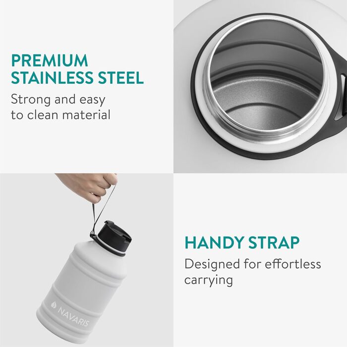 Фляга для фітнесу Navaris 2,2 л: спортивна пляшка з нержавіючої сталі, без BPA, сірий світлий колір