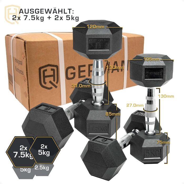 Гантелі HQ Germany Hexagon 2.5-37.5 кг, набір стартовий, пара, вага з похибкою ±1,5%