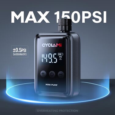 Електричний велосипедний насос CYCLAMI з цифровим манометром, 150 PSI, акумуляторний, підходить для Presta і Schrader, для шосейних і гірських велосипедів